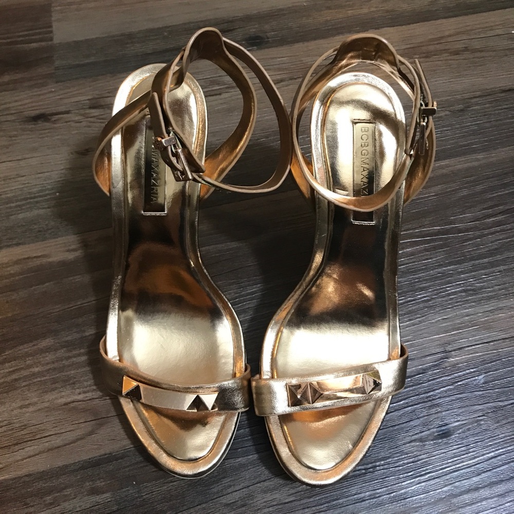 BCBGMaxAzria Gold Metallic Studded Ankle Strap Heels